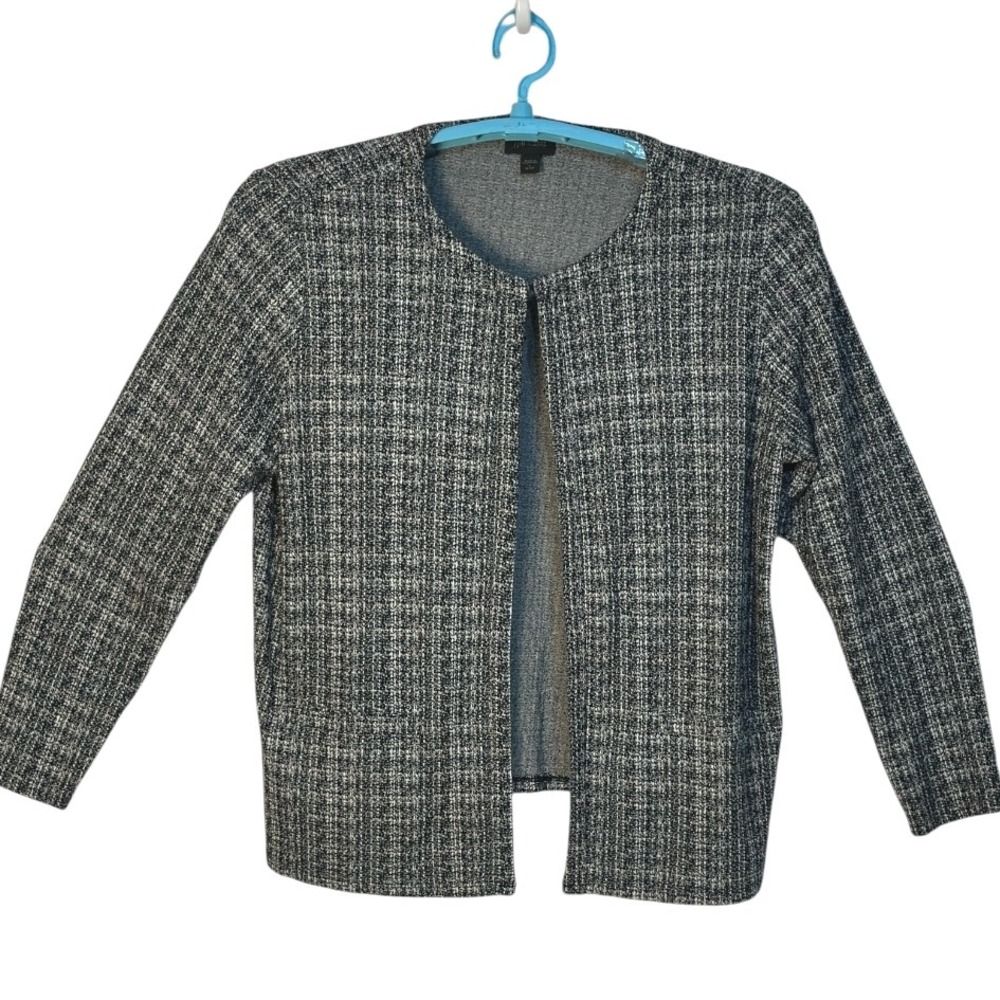 J Jill Wearever Collection Sweater Black Gray Plaid‎ Knit Open Front Cardigan LP